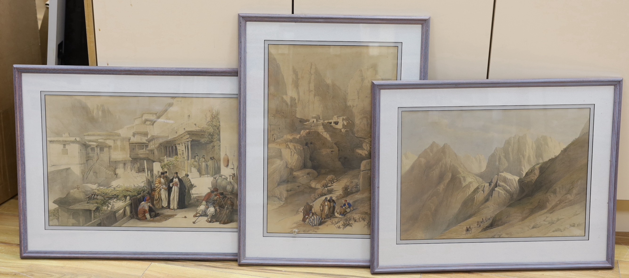 David Roberts (1796-1864), three hand coloured lithographs, 'Ascent of the Lower Range of Sinai', 1839, plate 8, 'Monks of St Catherine's Monastery', 1839, plate 16 and 'Petra', 1839, plate 24, largest 34 x 48cm